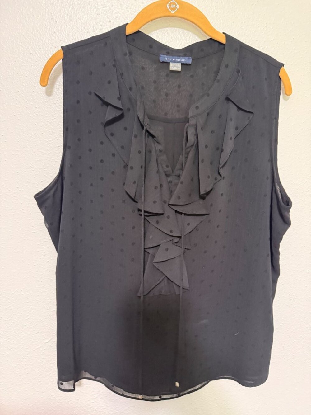 Tommy Hilfiger Tank Top Blouse Black with Dot and Ruffle Lined Womans XL